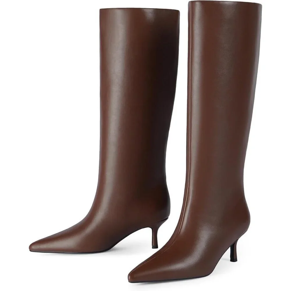 Women Brown Knee High Boots Kitten Heels Tall Pointed Toe Long Boots